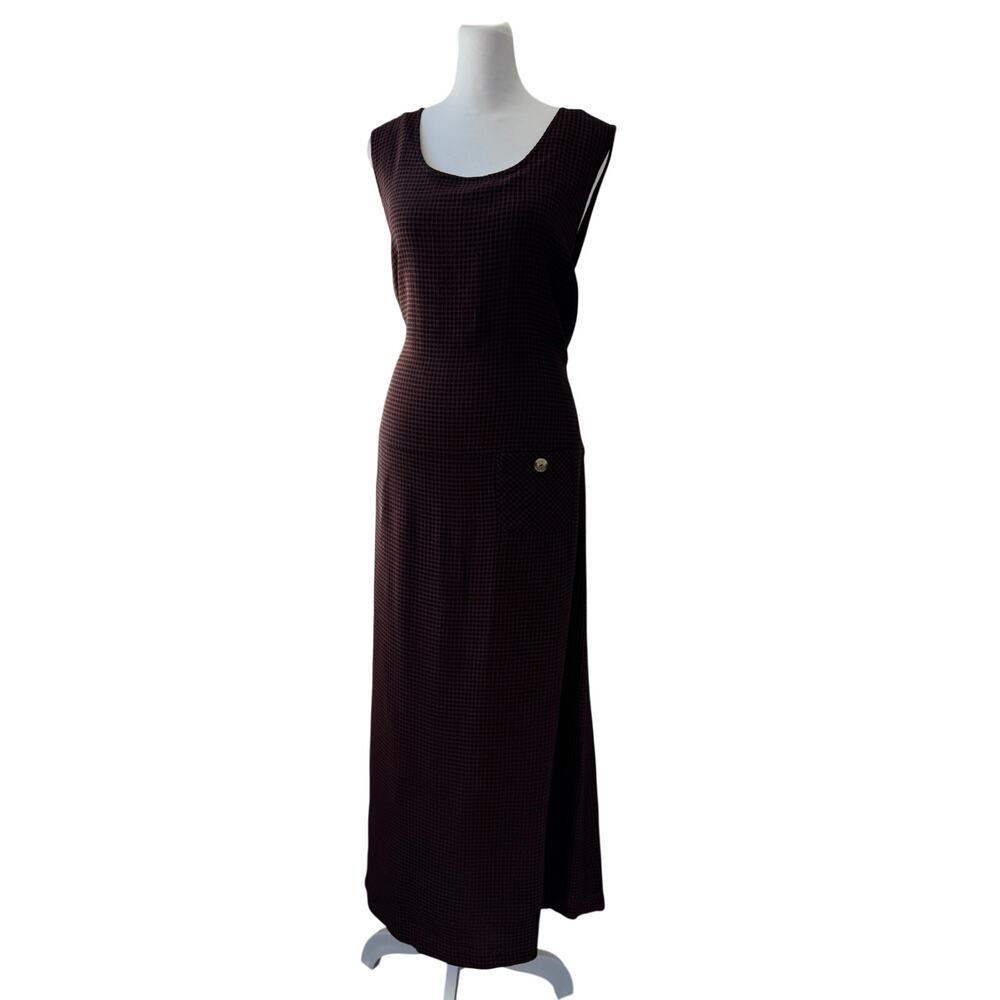 Vintage ‘90s Clues Collections Brown & Black Checker Print Sleeveless Maxi Dress
